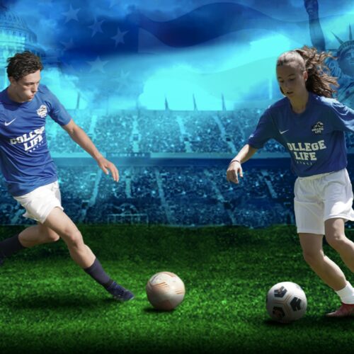 Foto di un ragazzo e una ragazza che giocano a calcio.